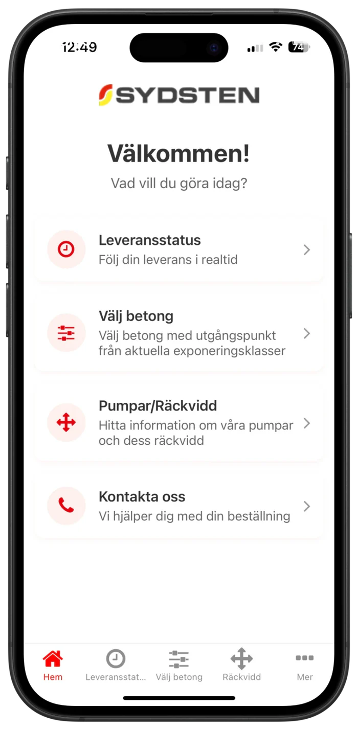 Startskärmen i Sydstens kundapp