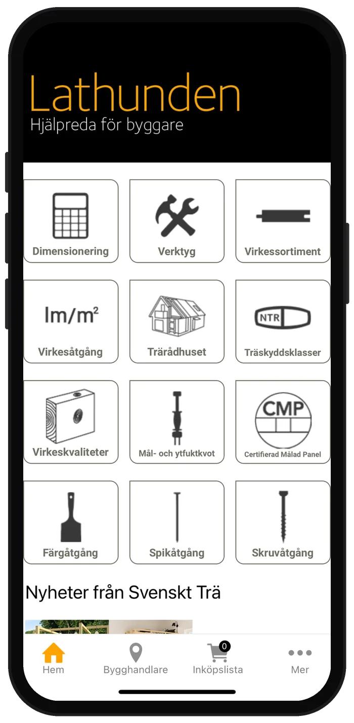 Startskärmen i appen Lathunden, hjälpreda för byggare